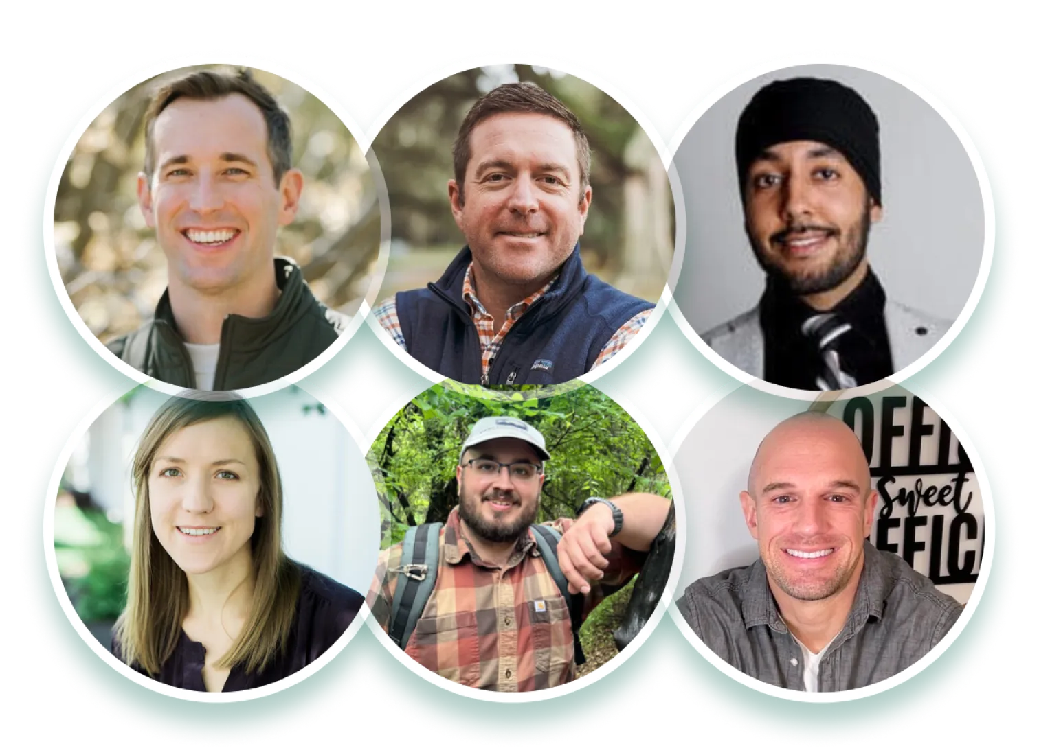A collage of six people with a green background.